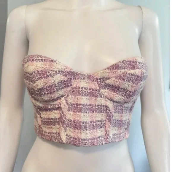 Zara NWOT pink / purple / white bustier tweed textured crop top - Picture 6 of 7
